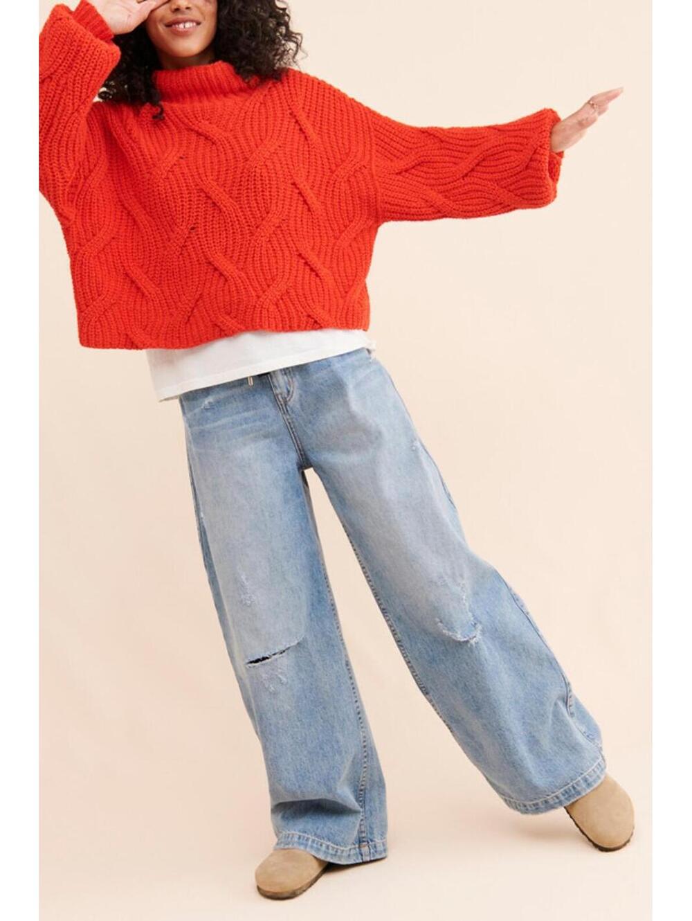 $298 FREE PEOPLE Clementine Soft Spun Cable Knit Pullover Orange Tango Sz L#1250 - Picture 5 of 11